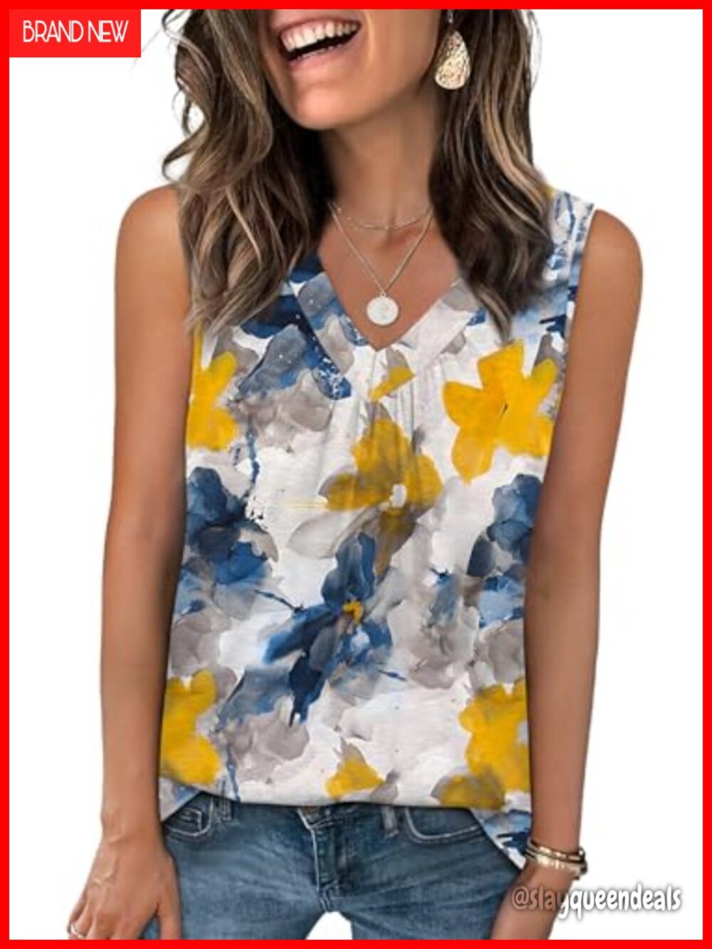 Women's Loose Fit V-Neck Tank Top Sleeveless Pleated Curved Hem